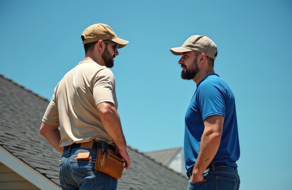 Two men, possibly roofer, homeowner, talk about roof repair on bright day. Contractor explains work options costs for house renovation. Stand on building roof discussing home improvement planning.